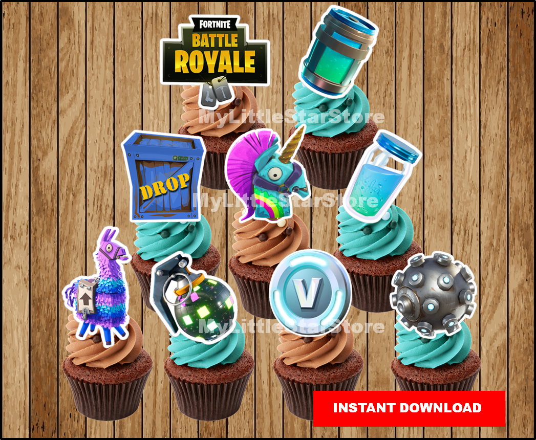 FORTNITE birthday, Fortnite cupcake toppers, fortnite party, cupcake toppers, Boogie Bomb,llama,chug jug, mini shield, instant download